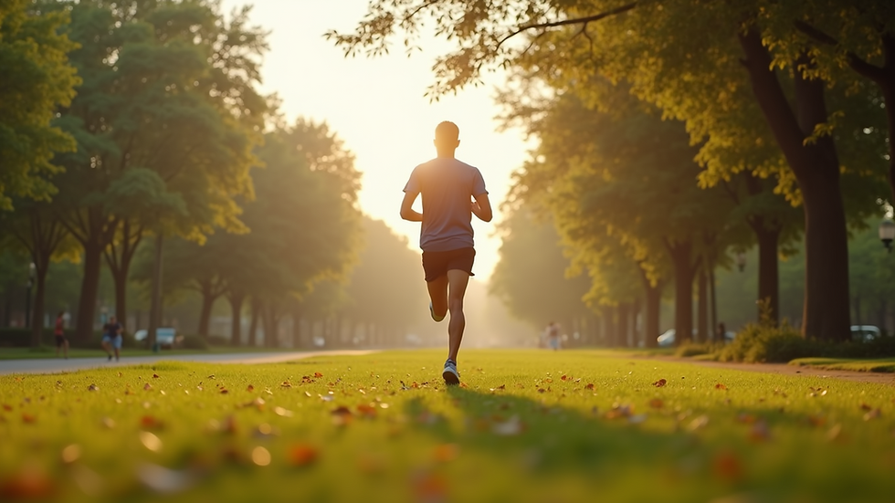 Eye-level view of a man jogging in a green park in the morning