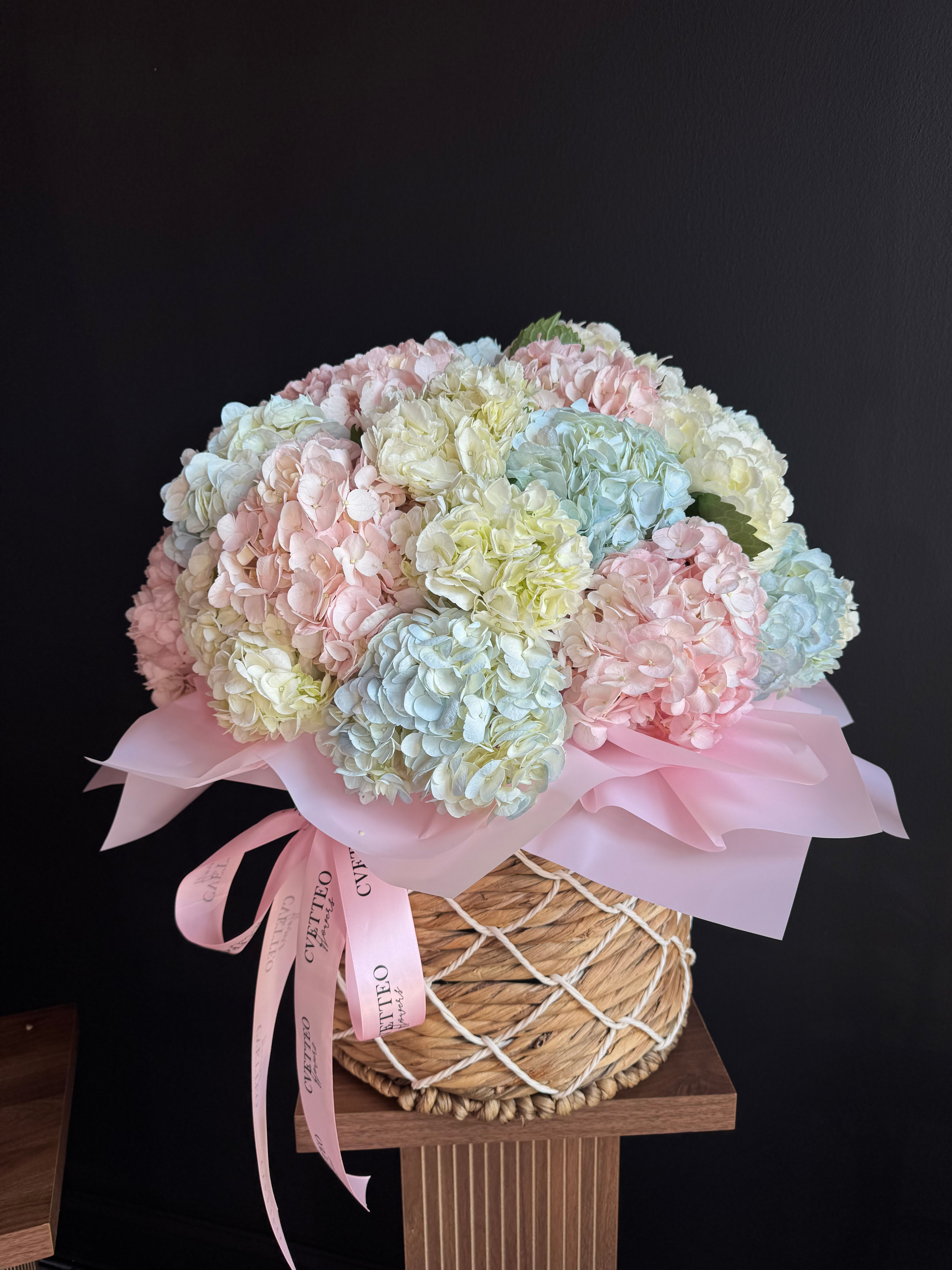 "Basket with hydrangea"