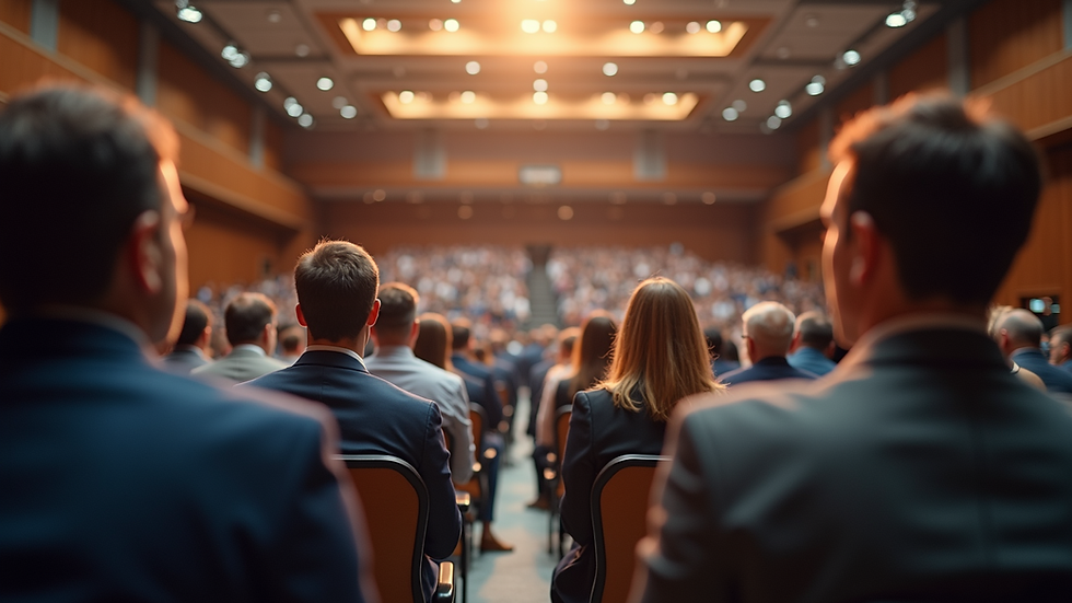 Eye-level view of a conference hall filled with attendees engaging in discussions