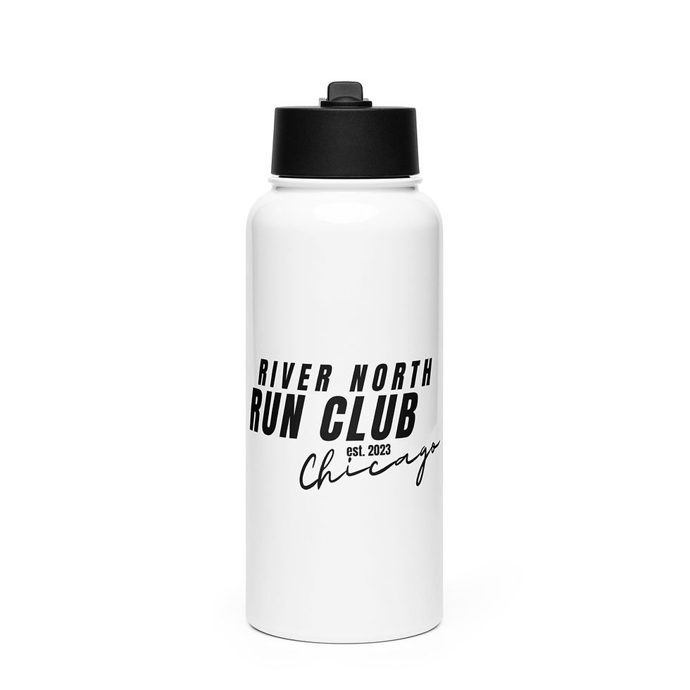 Front of the white River North Run Club Signature Water Bottle.