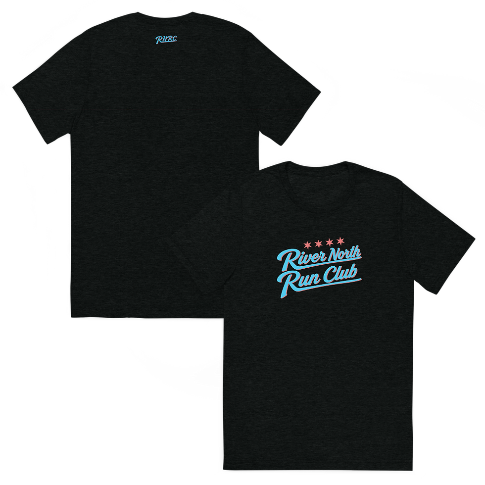 Front and back views of the black River North Run Club Energy T-Shirt.