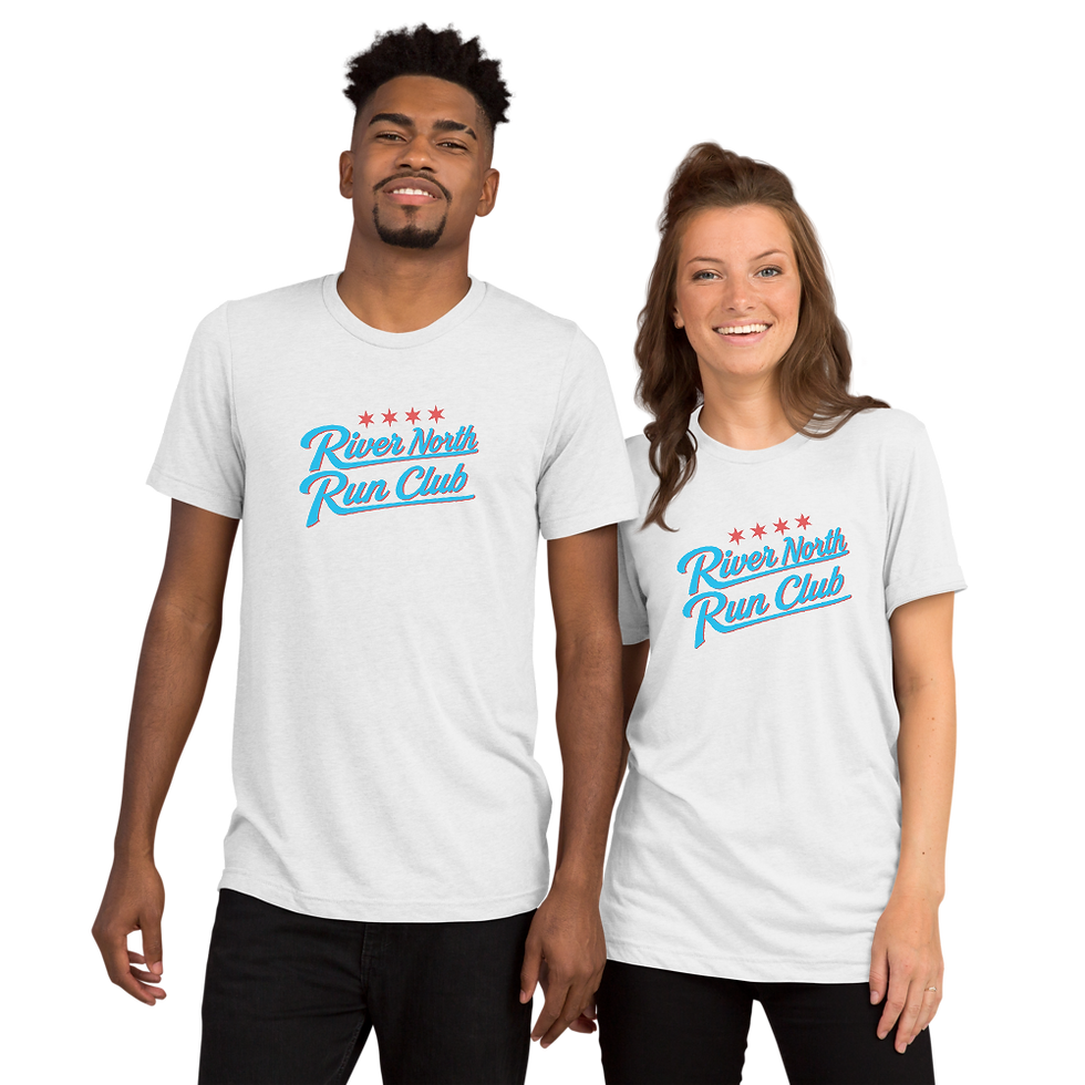 Community members wearing the white River North Run Club Energy T-Shirt.