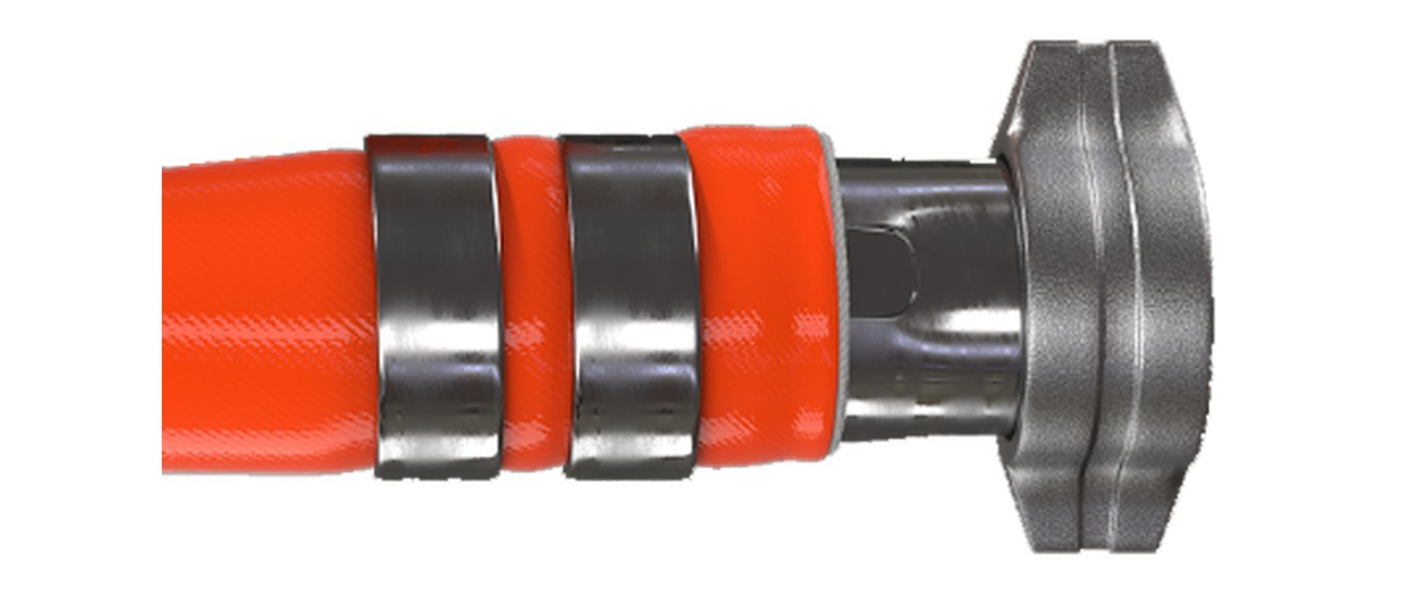 PARAGON high pressure lay-flat compressed air hose end with a steel coupling and two band clamps fitted