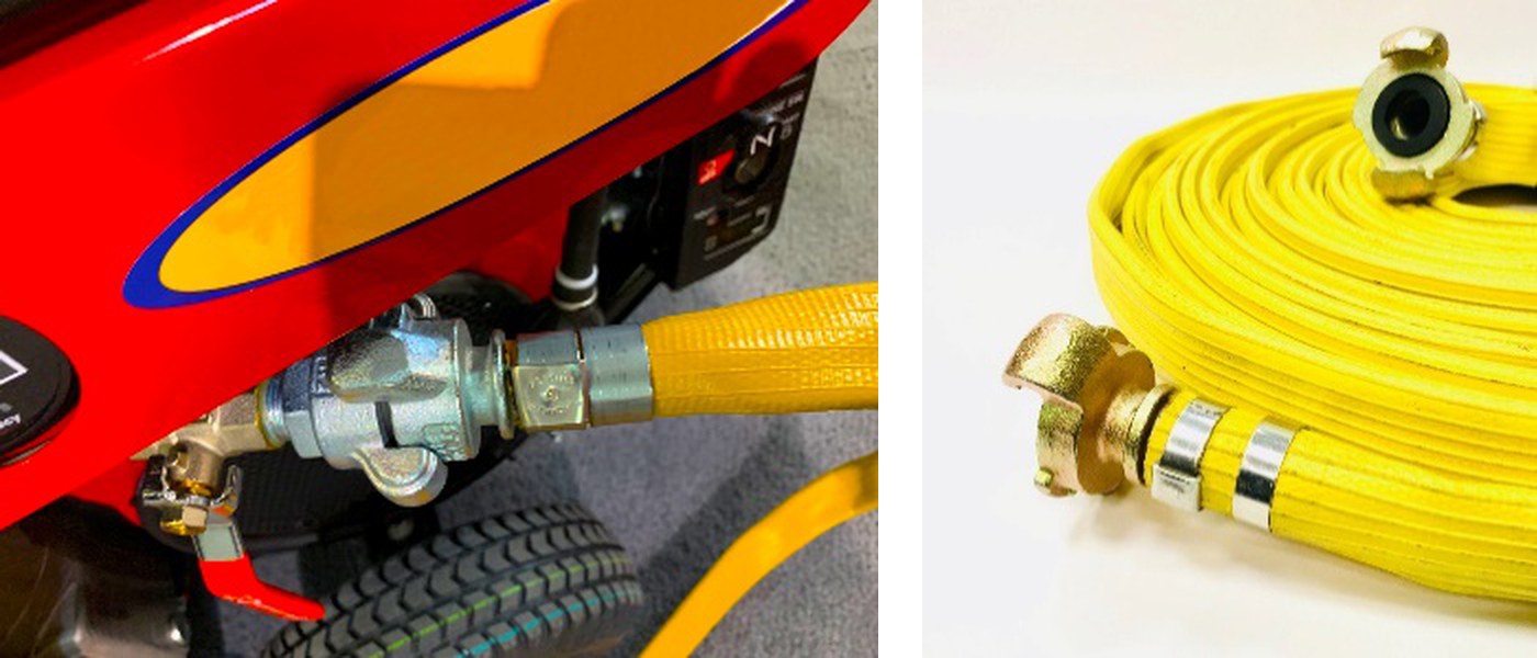 PARAGON yellow lay-flat air hose coupled to equipment with a universal coupling, and a coil with universal couplings fitted