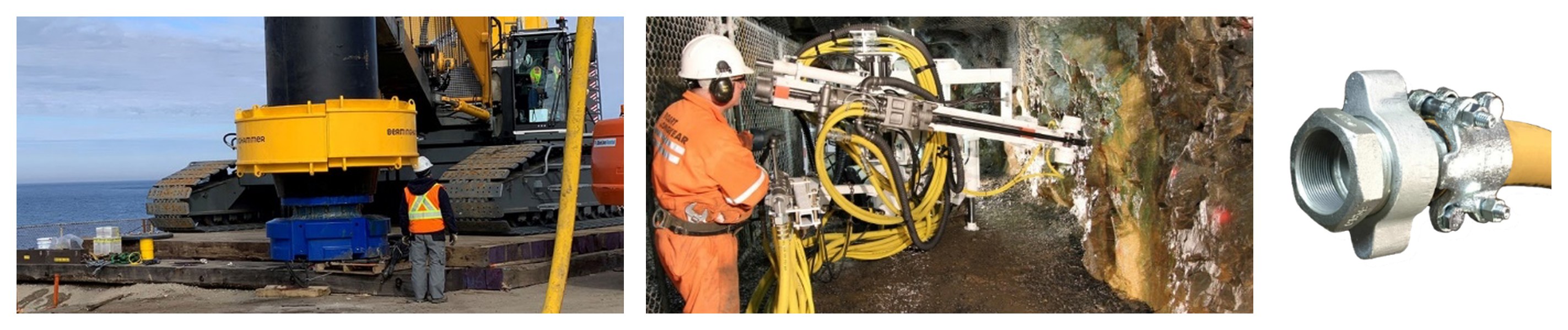 PARAGON yellow steel wire air hose feeding a drilling rig, on an underground drill rig, and a hose end fitted with a threaded steel coupling and safety clamp