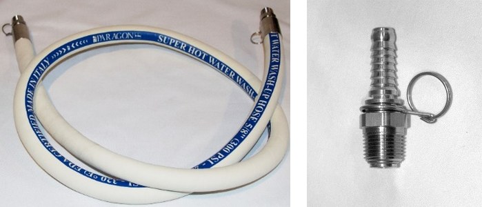 PARAGON Super-Hot Water Washdown Hose assembly with SS316 swivel fittings at both ends, and the swivel fitting on its own
