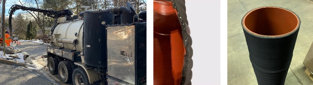 PARAGON debris collection hose: a vacuum truck with its boom raised at a job site, a cuffed hose end, and a coil end