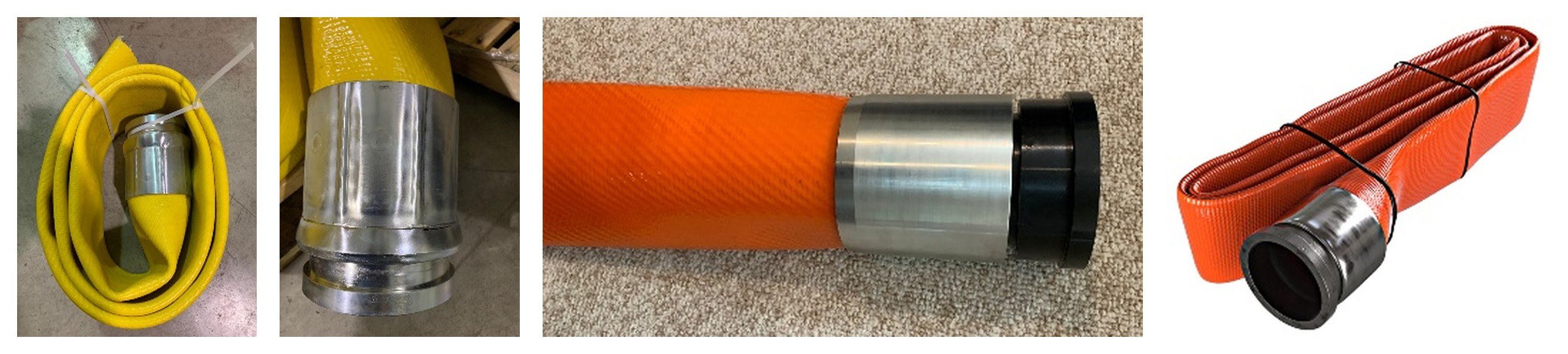 PARAGON lay-flat TPU concrete and mortar hose: a yellow coil with its coupling, the coupling close up, an orange hose end with coupling, and an orange coil