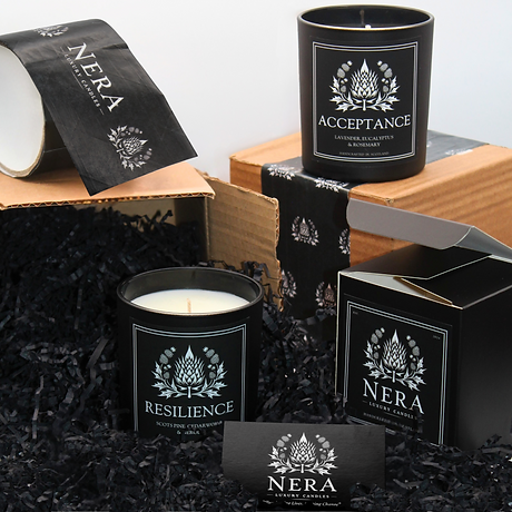 Luxury Scented Nera Candles in sustainable, eco friendly, recyclable packaging. Perfect candles for gifts with meaning.