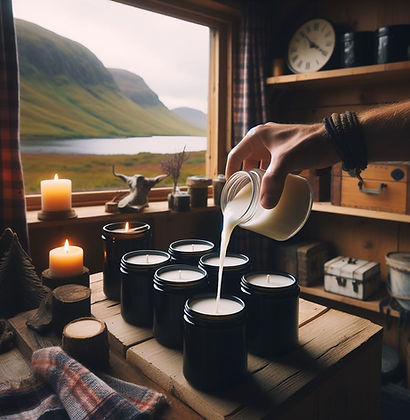 Luxury scented candles being hand poured in Scotland in a wooden cabin.