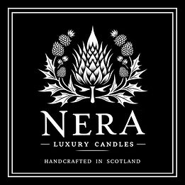 Nera Luxury Candles logo in black and white. Handcrafted in Scotland