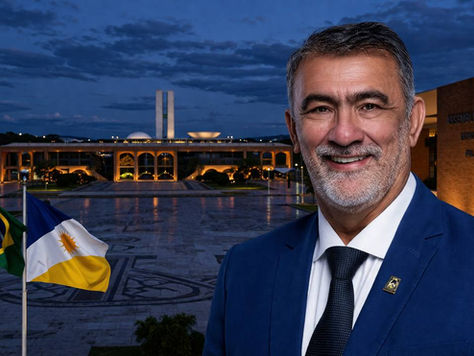 Deputado estadual e presidente da Assembleia Legislativa do Tocantins, Amélio Cayres, em primeiro plano com terno azul e gravata, tendo ao fundo a Praça dos Girassóis, em Palmas, com o Palácio Araguaia e o prédio da Assembleia Legislativa iluminados ao entardecer, bandeira do Tocantins em destaque e o Congresso Nacional ao fundo, representando o cenário político e as articulações para as eleições de 2026.