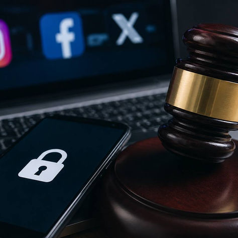 Imagem ilustrativa mostrando um martelo da Justiça em primeiro plano ao lado de um smartphone com ícone de cadeado e um computador com referências a redes sociais desfocadas ao fundo, simbolizando a decisão do TRE-TO de determinar a quebra de sigilo de perfis investigados por divulgar pesquisa eleitoral suspensa. 