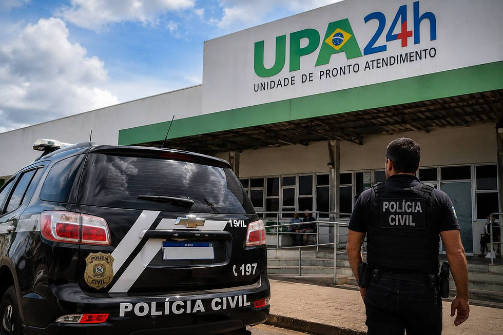Imagem ilustrativa sobre a investigação da terceirização das UPAs de Palmas, mostrando fachada de unidade de pronto atendimento, viatura e agente da Polícia Civil, em composição jornalística que representa os desdobramentos do inquérito e os próximos passos após o indiciamento.
