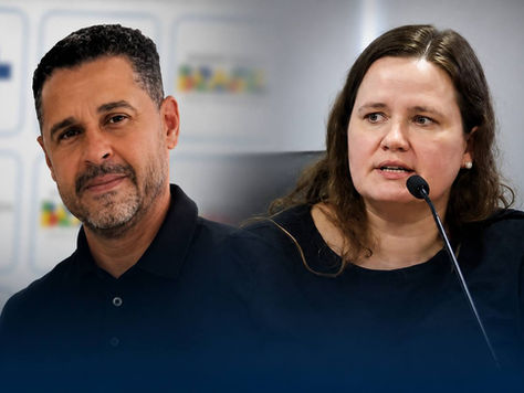 Montagem do Opinativo Político com Andreis Vicente da Costa e a secretária municipal de Saúde de Palmas, Dhieine Caminski. A imagem ilustra reportagem sobre a Operação Falsa Emergência, investigação da Polícia Civil que apura supostas irregularidades no contrato de gestão das UPAs de Palmas.