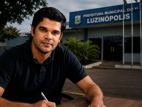 Retrato do ex-prefeito Gustavo Damasceno de Araújo em primeiro plano, vestindo camisa polo preta e assinando um documento, com a fachada da Prefeitura de Luzinópolis desfocada ao fundo, em uma composição utilizada para ilustrar matéria sobre condenação por nepotismo no município.