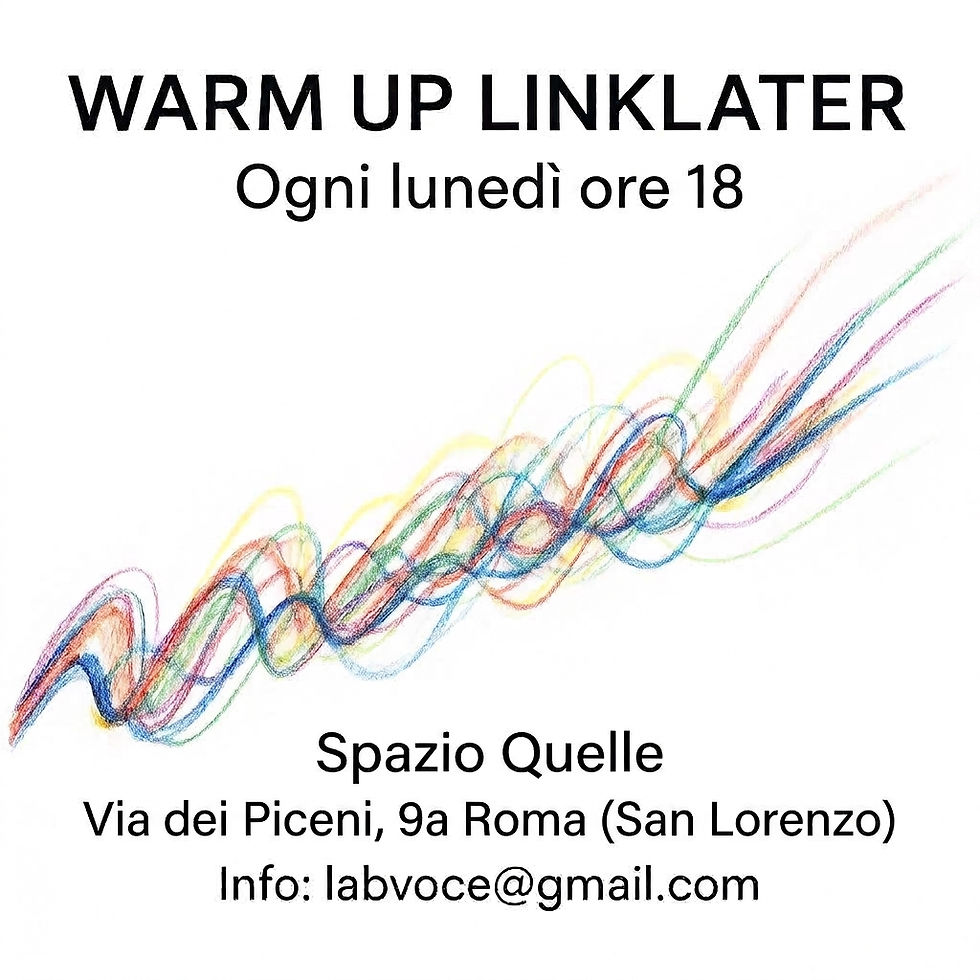 Poster with colorful looping line graphic and text: WARM UP LINKLATER, every Monday 6 PM, Spazio Quelle, Rome, email.