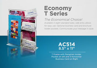 Clear Acrylic T Sign Holder with pamphlet and business card holder pockets.