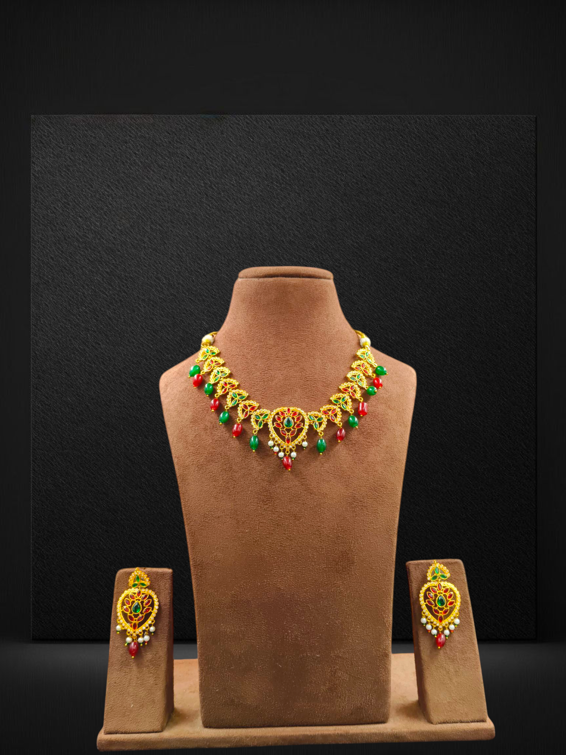 Rajputi Filigree Necklace Set with Emerald Stones & Pearl Drops