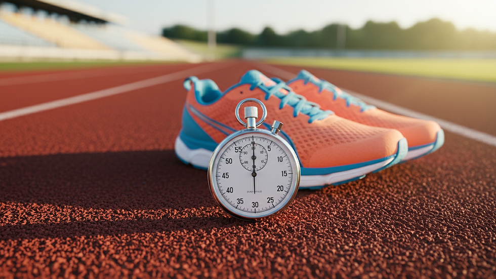 Close-up view of stopwatch and running shoes on a track