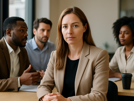Professional woman in a beige blazer seated confidently at a meeting table with diverse colleagues in a modern office, representing emotional balance and resilient leadership.
