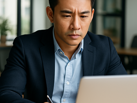 Focused Asian professional man in a blazer working intently on a laptop in a modern office, demonstrating concentration and emotional intelligence.