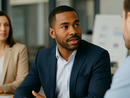 Professional African American man in a business meeting, actively listening and engaging with colleagues—symbolizing growth mindset leadership in action.