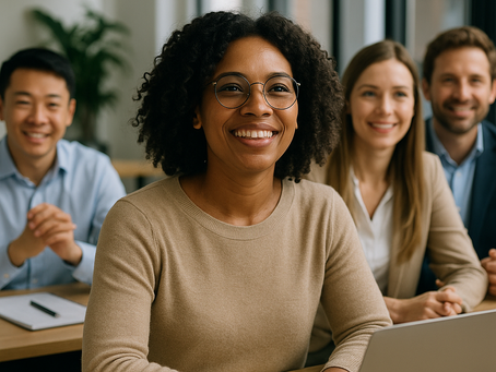 Diverse group of professional colleagues smiling in a modern office, symbolizing personal development, mindset transformation, and empowered growth.
