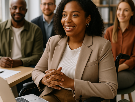 Confident African American woman entrepreneur in a wheelchair leading a business meeting with a diverse team, symbolizing inclusive leadership and a growth mindset.
