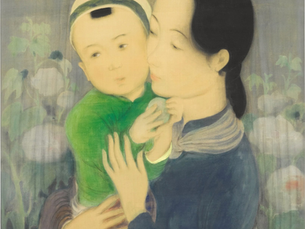 Tranh lụa “Mẹ con và hoa (Mère et enfant, fond fleurs)” (khoảng thập niên 1940) của Lê Phổ