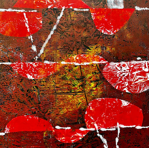 Gelliprint, Gelatinedruck, Acryl auf Papier, Abstrakt, Rot, Grün, Gelb
