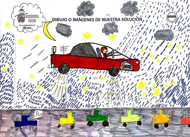 Dibujo del Colegio La Salle dónde se muestra la solución del reto con coches con depuradores de aire