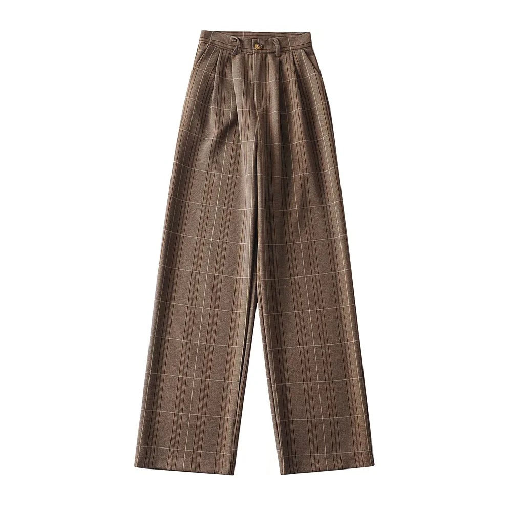 Vintage High-Waisted Plaid Wide-Leg Trousers for Women
