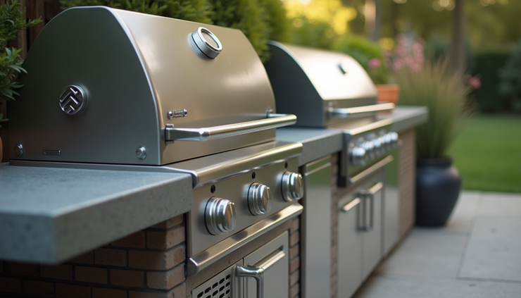 Close-up view of a stainless steel outdoor grill with side burners and storage cabinets