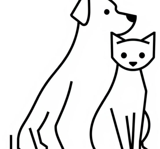 a monoline, stylised icon of a dog and cat, with geometric, angular, but thin lines. dark