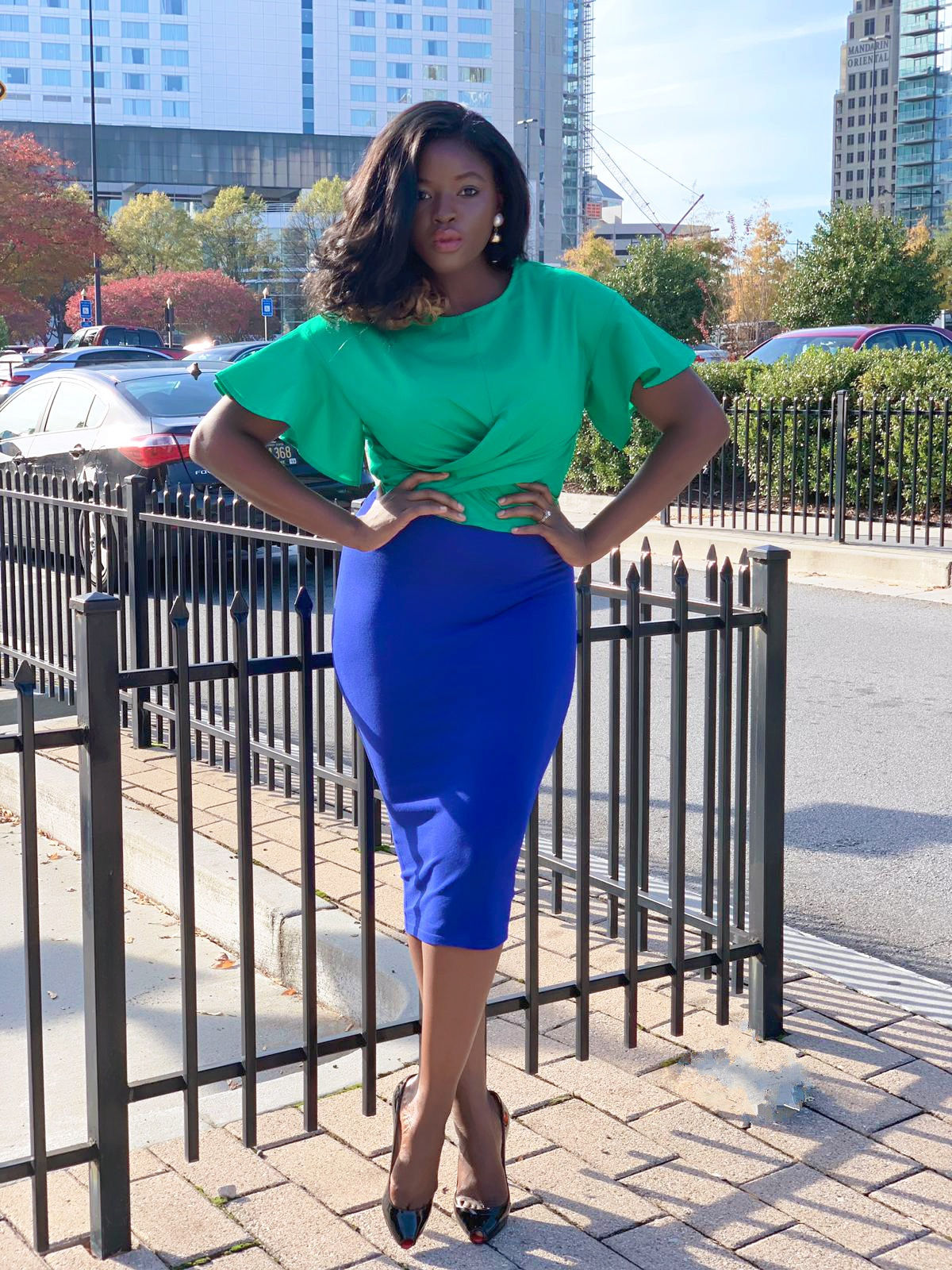 Classic blue pencil midi skirt