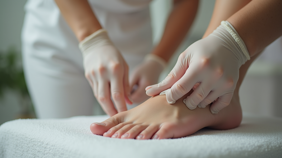 Close-up view of a foot care treatment setup