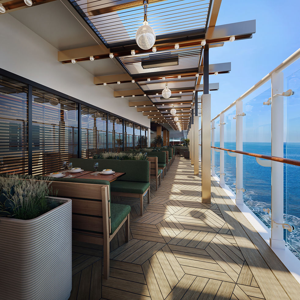 Outdoor dining terrace at Eataly aboard MSC World Asia overlooking the ocean with green seating and wood-finished tables.
