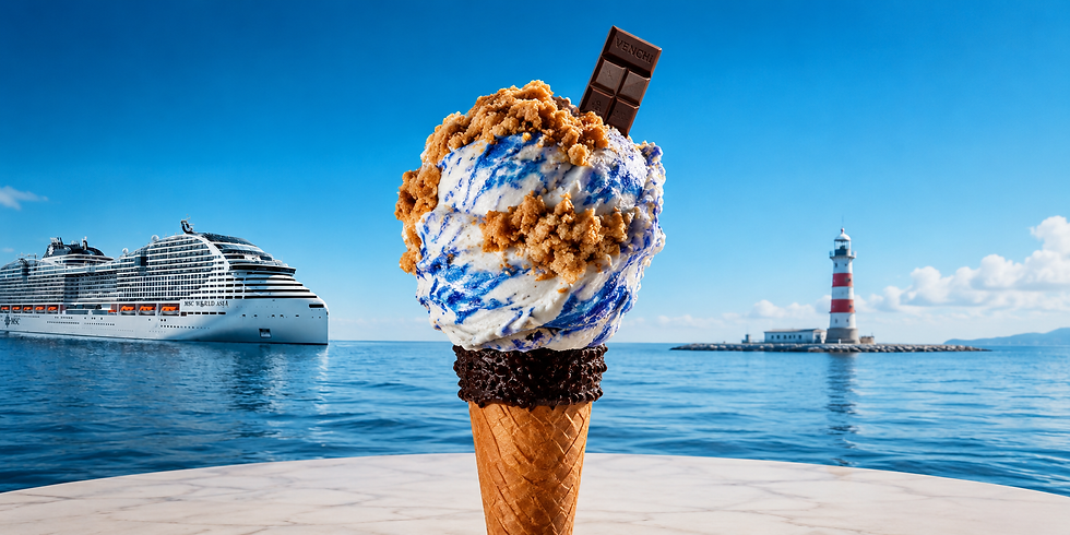 Crunchy Waves Venchi gelato displayed beside MSC World Asia with a lighthouse and Mediterranean Sea in the background
