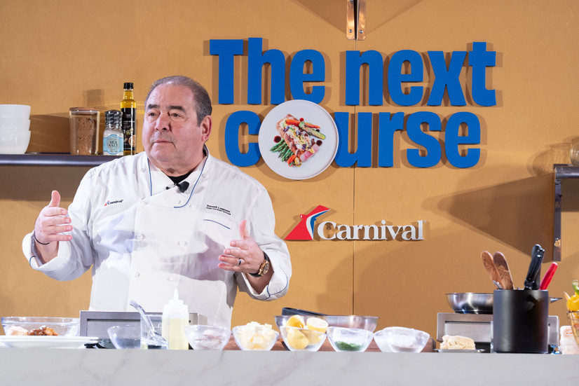 Carnival Cruise Line culinary demonstration for The Next Course dining update with chef preparing new onboard food creations