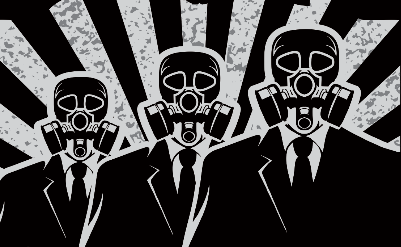 three men in gas masks