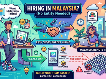 A colorful, tech-style infographic showing a Singaporean SME owner easily hiring a remote team in Malaysia. It compares "The Easy Way" using a local payroll partner for compliance (EPF, SOCSO, payroll) versus "The Hard Way" of navigating a complex maze to set up a new company entity.