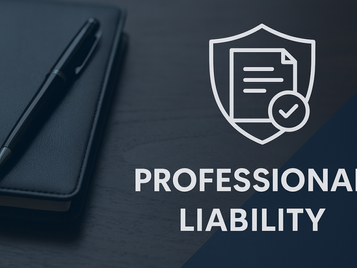 Professional liability concept with pen on notebook and shield icon representing document protection.