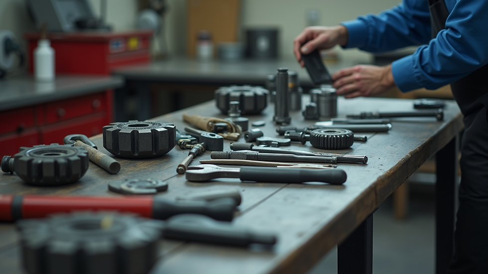 Close-up view of vocational training tools arranged neatly on a workbench