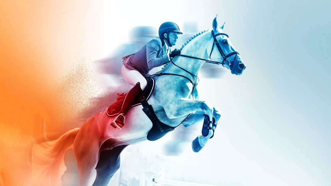 STS equestrian imagery in the shared cyan and orange style
