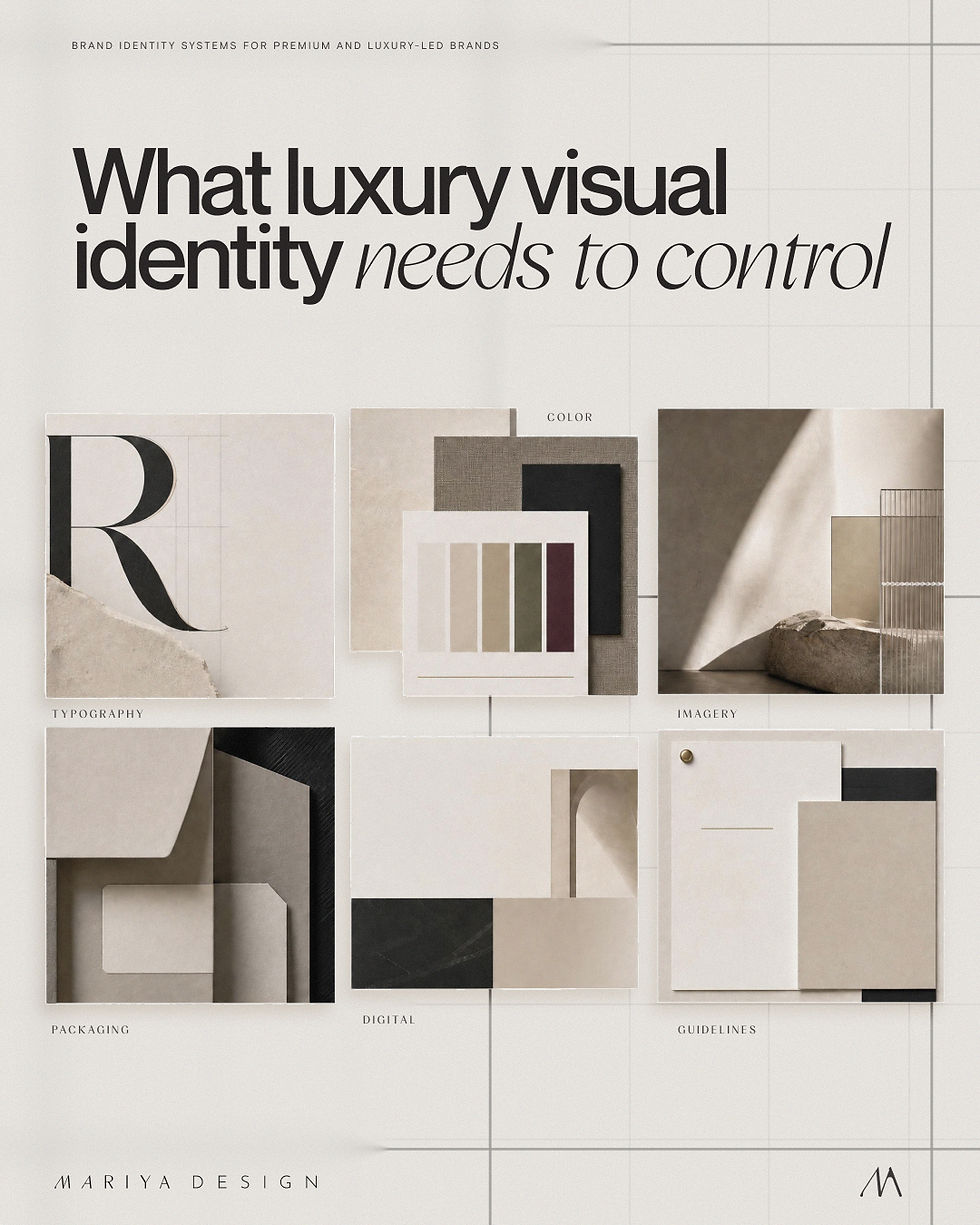 Luxury visual identity framework showing typography, color, packaging, website direction, imagery, and brand standards for premium and luxury-led brands.