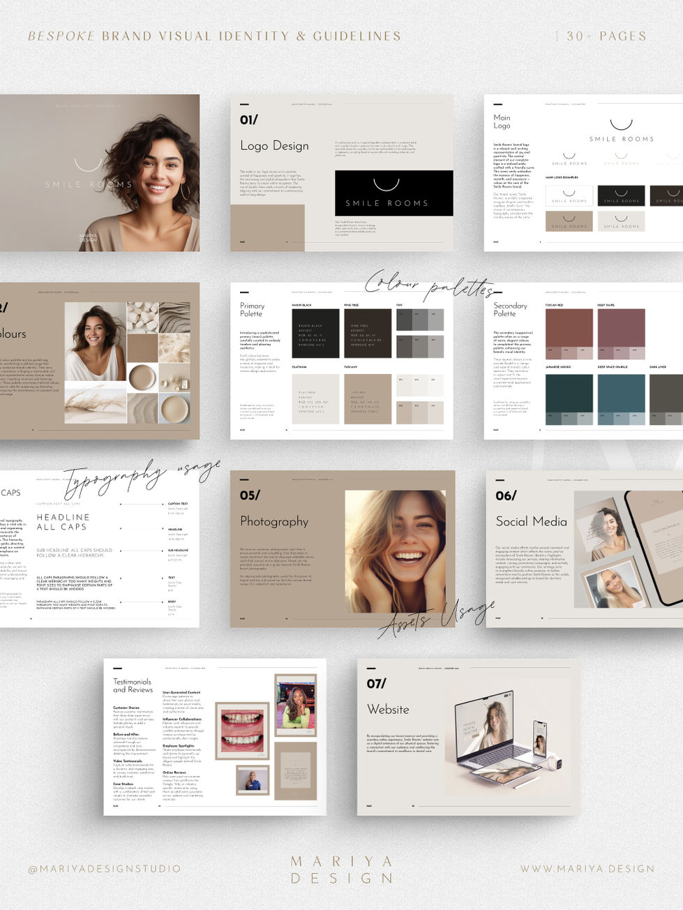 Smile Rooms brand system — full identity grid including logo, typography, website mockups, and social media visuals.