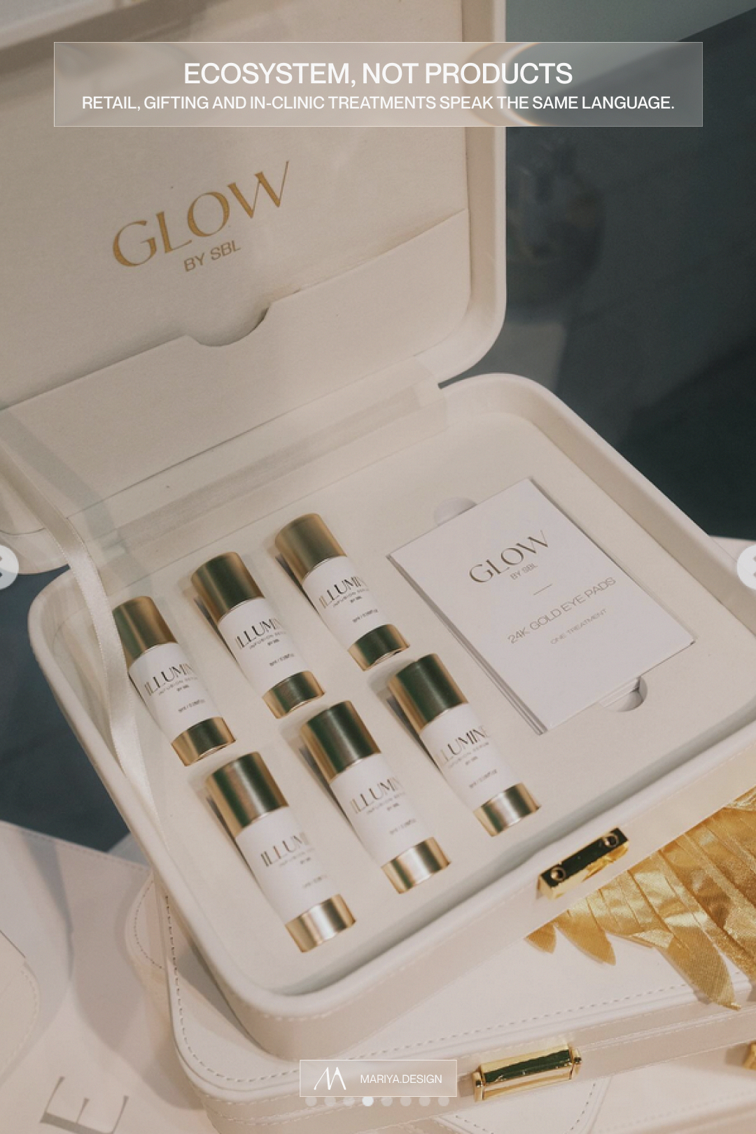 GLOW — White cases, gold details and a coordinated treatment kit.