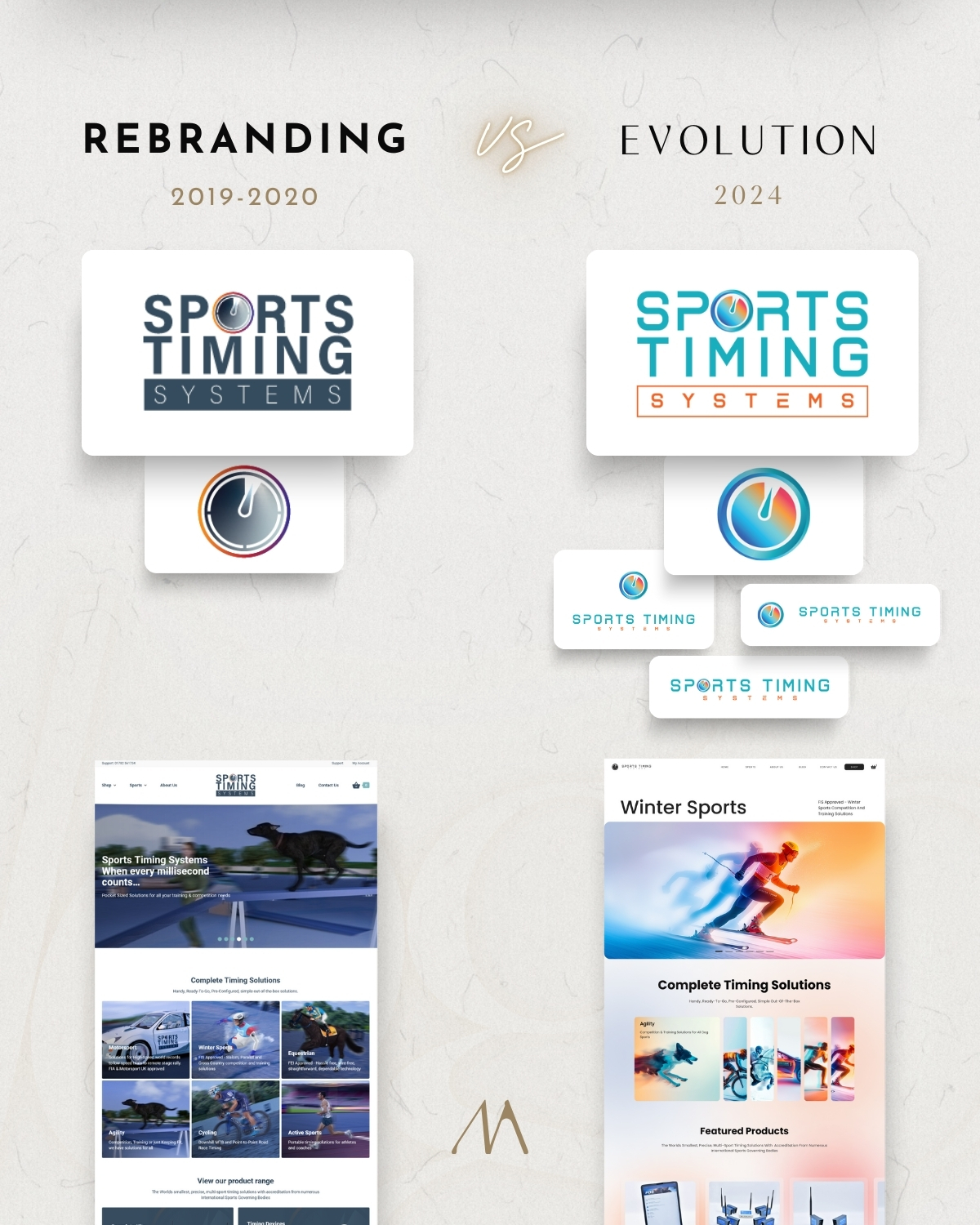Sports Timing Systems 2020 identity compared with the 2024 brand evolution