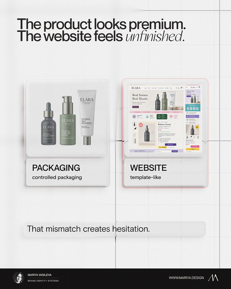 Brand consistency comparison showing premium product packaging next to a weaker website design with generic layout, weak hierarchy, and off-system colors.